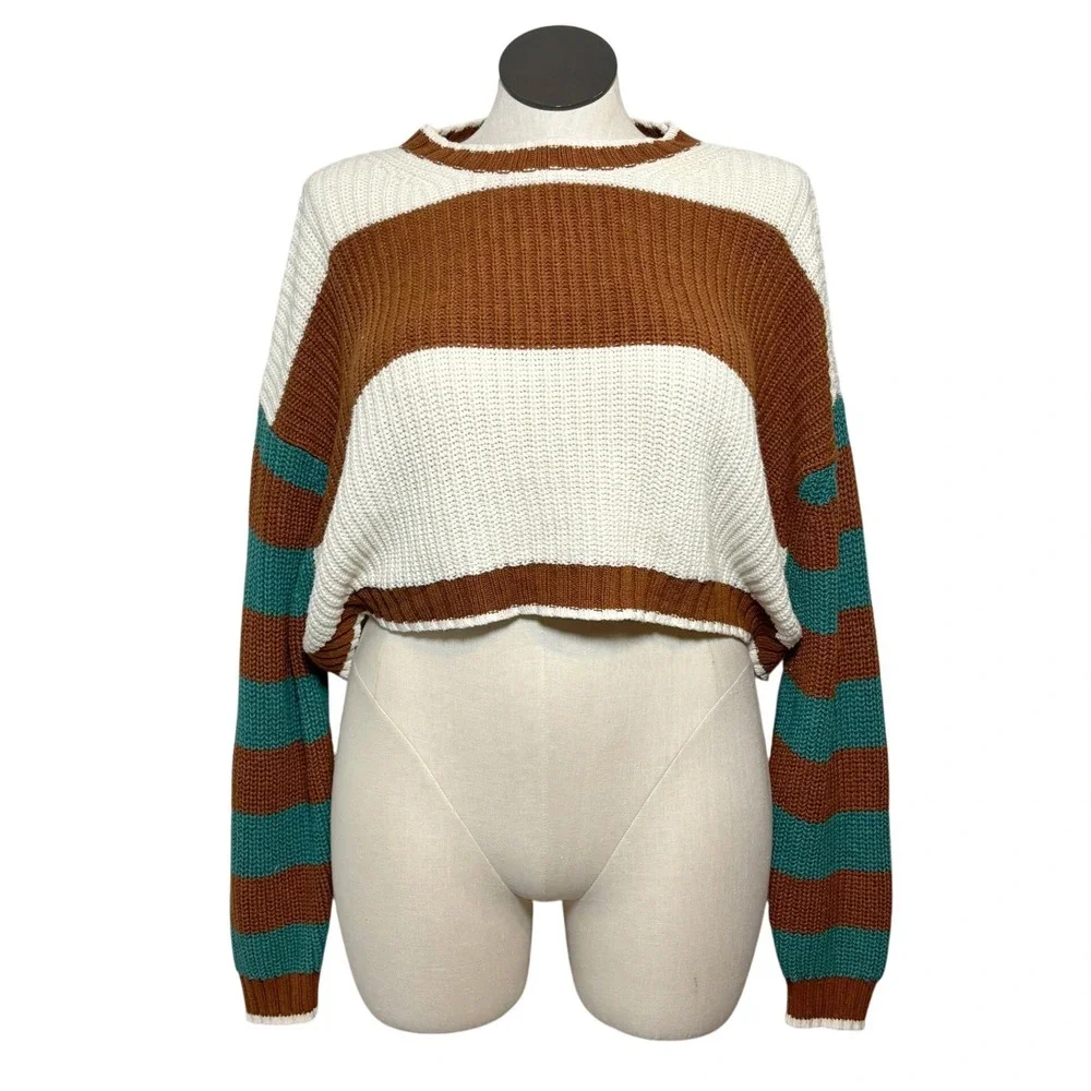 American Eagle Womens Large Striped‎ Cropped Knit Sweater Brown Cream Teal L
